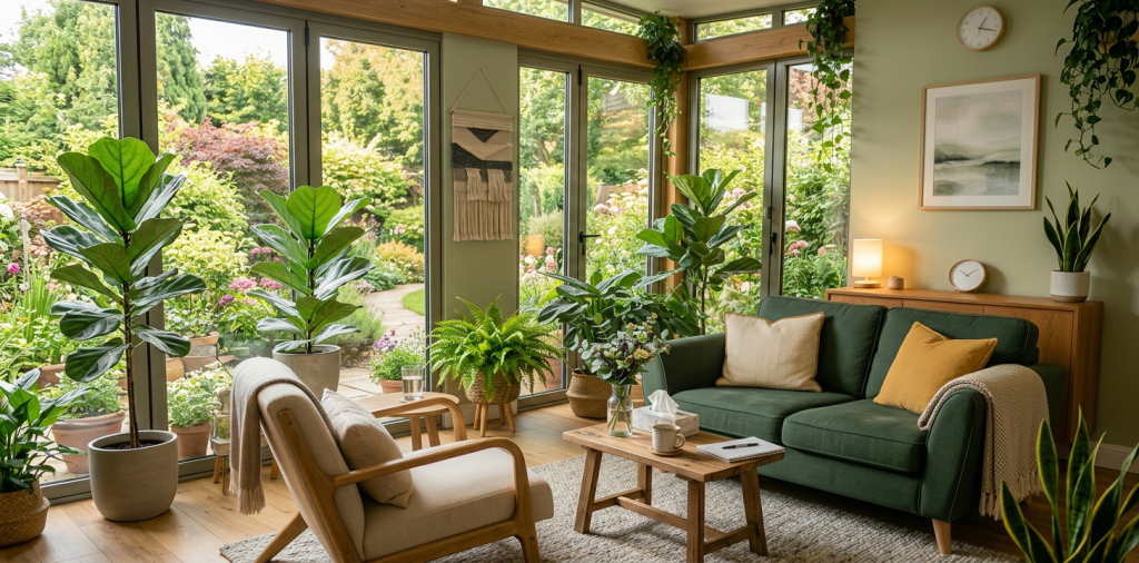 Living room with green sofa, beige armchair, wooden coffee table, plants, and bookshelf
