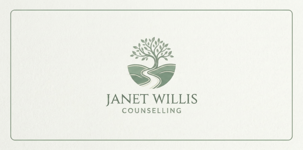 Logo showing a stylized tree with leaves above a winding path and hills, with text 'Janet Willis Counselling'